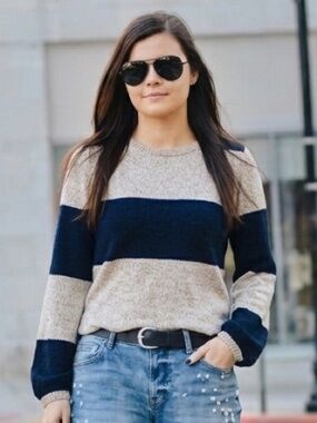 AUTUMN CASHMERE $330 •  Striped Crewneck Sweater in Navy and Beige